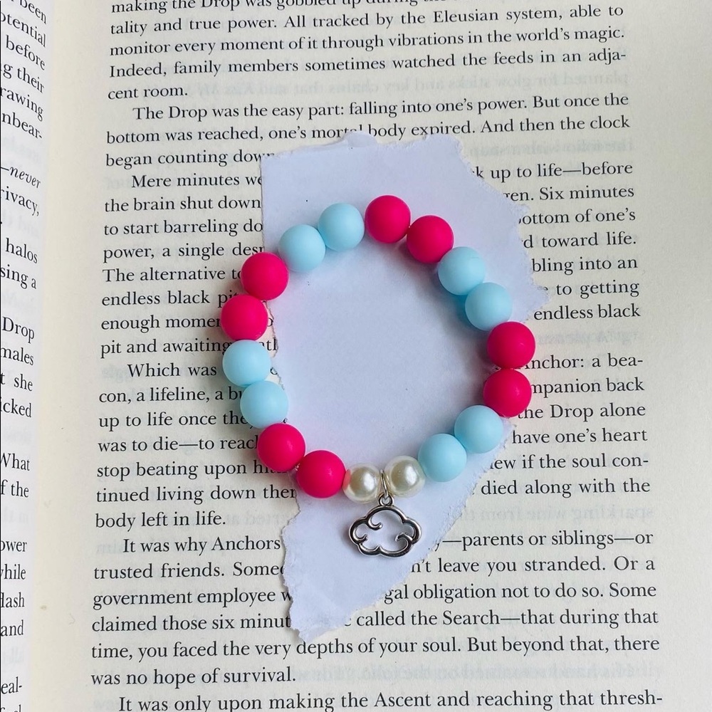 Stretchy Pink and Light Blue Beaded Bracelet with Pearl beads |Handmade